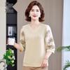 Stylish Floral Knit V-Neck T-Shirt for Middle-Aged Women