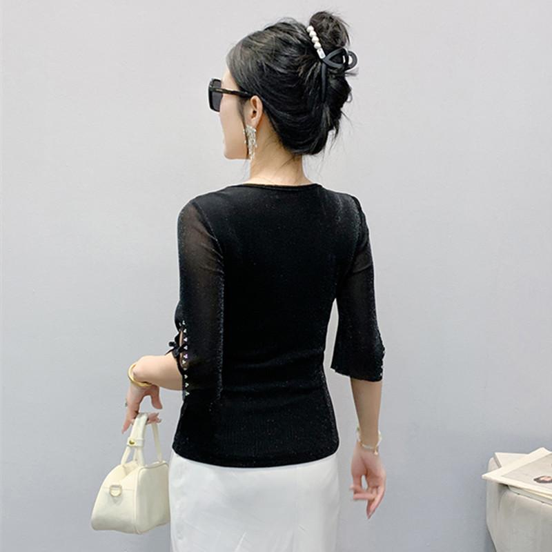 New Women's Clothes T-shirt Sexy V-Neck Hot Diamonds Tops Shirts Summer Girl Slim Mesh Half Sleeve Tees Blouse