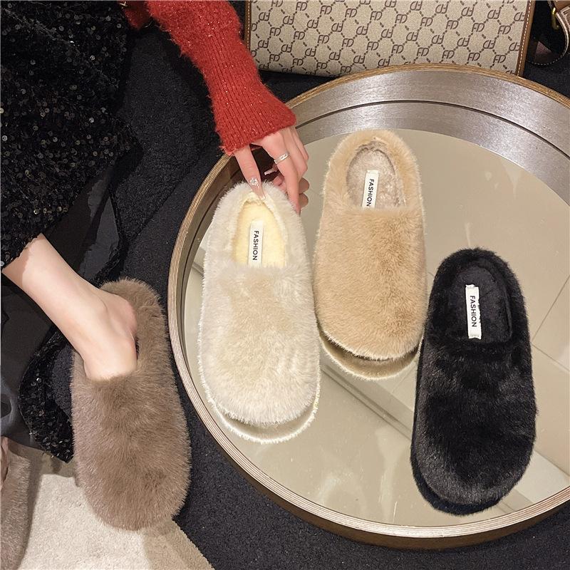 Flat Bottom Warm Fluffy Shoes Women's 2025 New Autumn and Winter Outer Wear Fluffy One-pedal Lazy Bag Head Cotton Mop