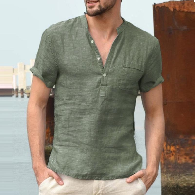2025 Summer European & American Men's Stand-Up Collar Cotton-Linen Short Sleeve Shirt