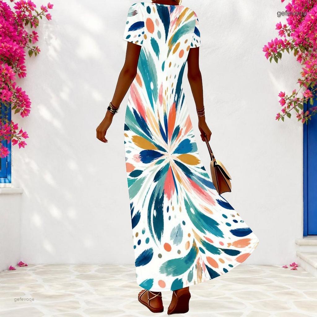 Women Plus Size V Neck Short Sleeve Printed Loose Maxi Dress