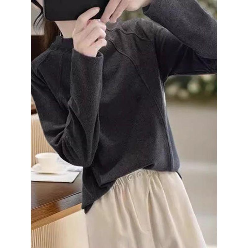 Women's Fleece Brushed Long-Sleeve Base Layer Shirt, Autumn/Winter Korean Style, Loose Half-High Collar Top