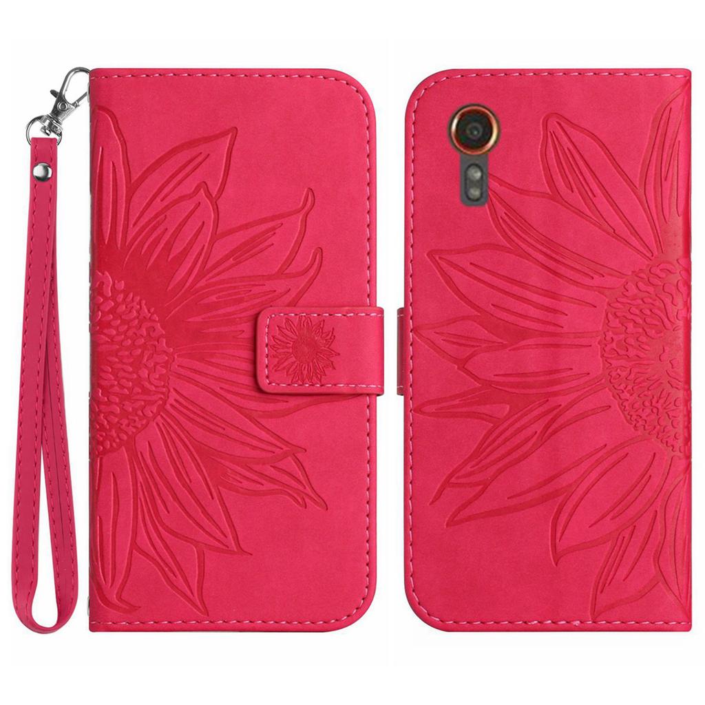 HT04 Für Samsung Galaxy Xcover7 Lederhülle Handy-Geldbörse mit Handschlaufe Sonnenblumenmuster