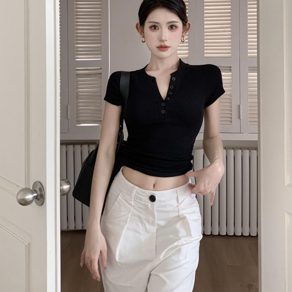 V Neck Button T Shirt Basic Short Sleeve Crop Top Women T-shirt Casual Tank Top Slim Female Crop Top Fashion Girl Tee Shirt Y2k Streetwear