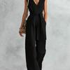 Women's V Neck Sleeveless Wide Leg Jumpsuit Belted High Waist Elegant Outfit