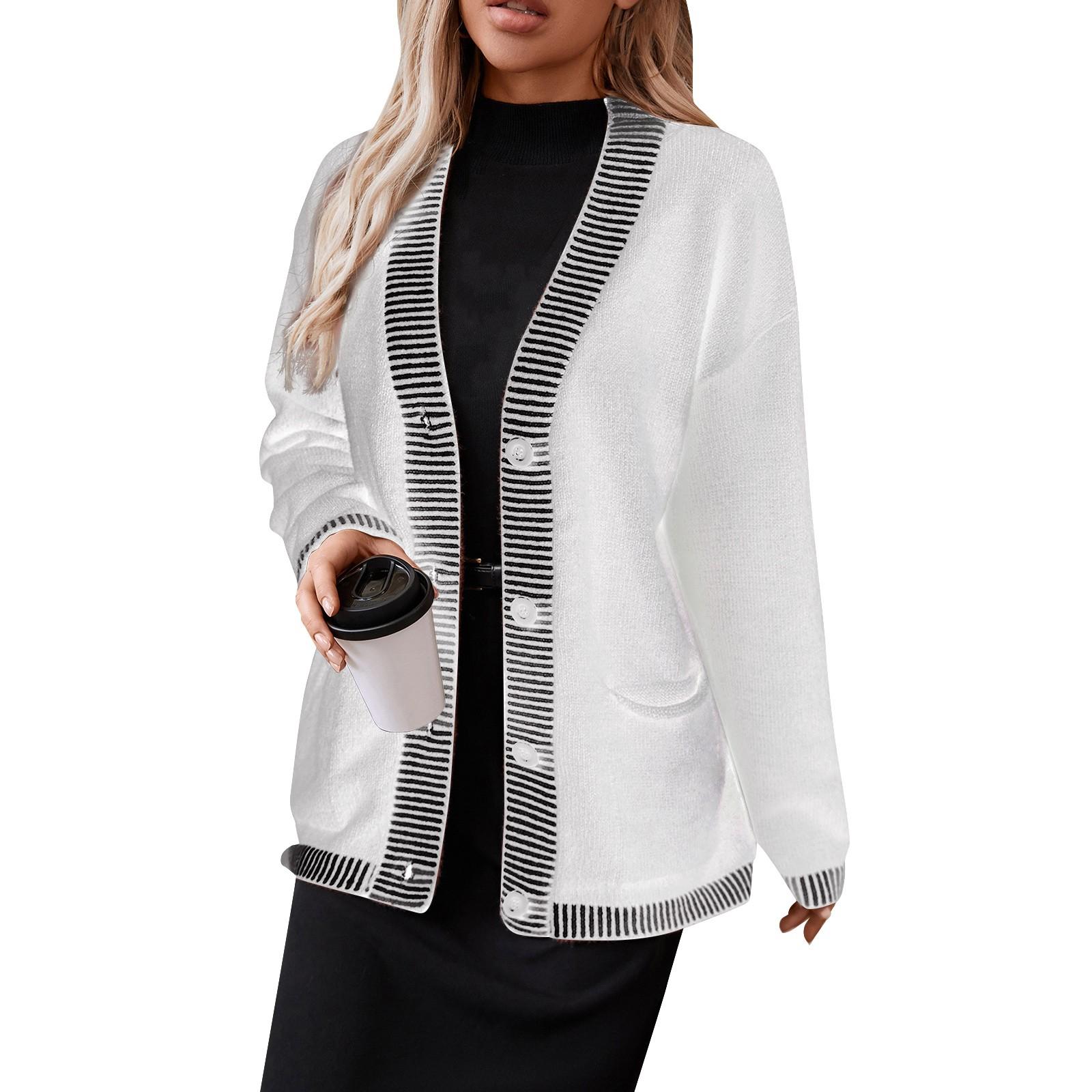 Женский кардиган свободного кроя с цветными блоками и V-образным вырезом — фото 3