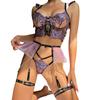 European and American Women Lingerie Set Three-Piece Sheer Mesh Embroidered Underwear Set Sexy Bra and Thongs Set