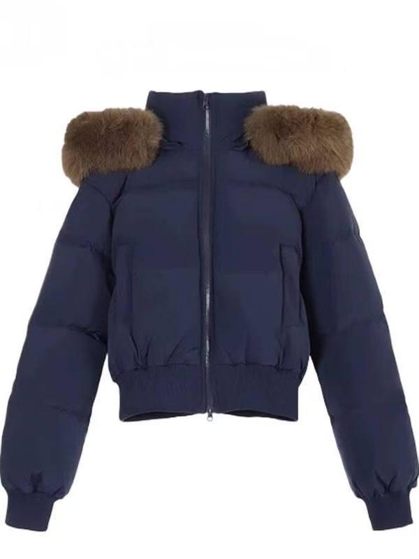 Women's Winter Retro Navy Blue Hooded Cotton-Padded Jacket - Thick & Warm Design