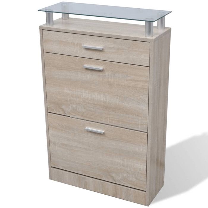 VidaXL Shoe Cabinet with Drawer and Glass Top Wood Oak Look