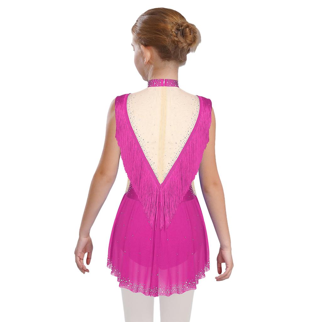Girls Dance Costume - Shiny Rhinestone Leotard with Sheer Mesh, Invisible Back Zipper & Attached Tassel Skirt