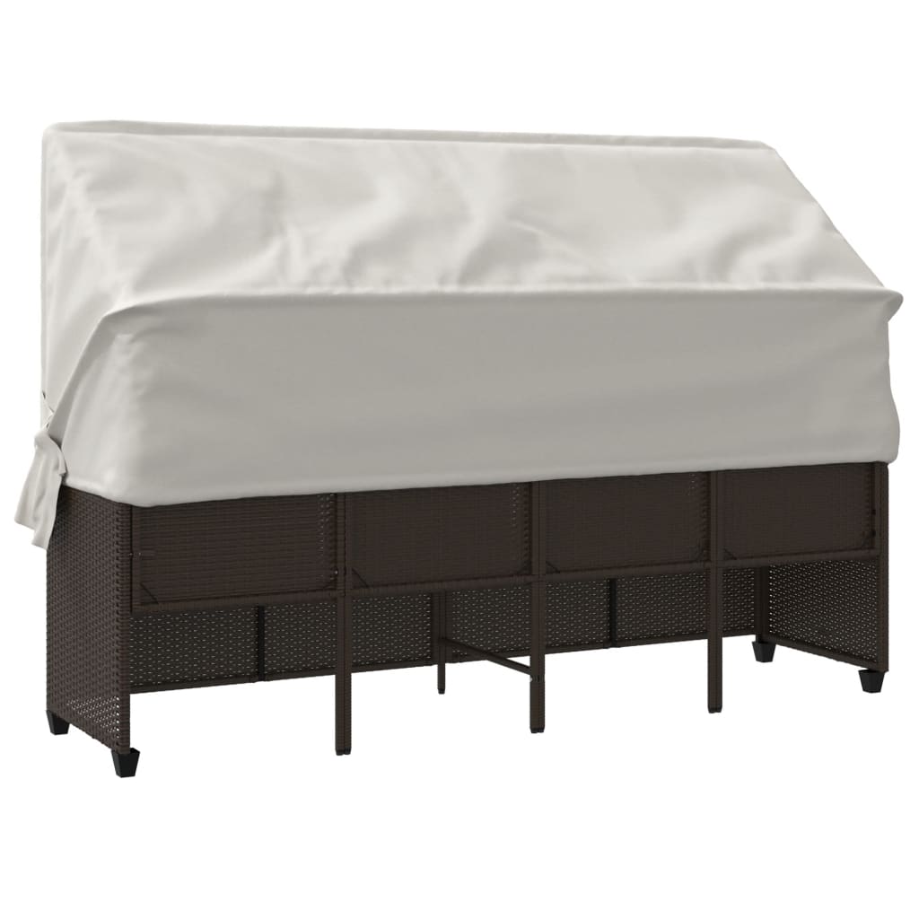 Sun Lounger with Canopy and Cushions Brown PE Rattan