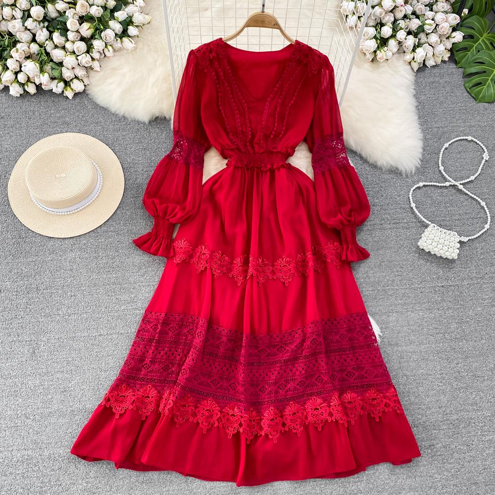 Cheap New Casual Spring Summer Solid Slim Full Lady Dress A Line V Neck Chiffon Pullover High Waist Mid Calf Women Dresses Joom