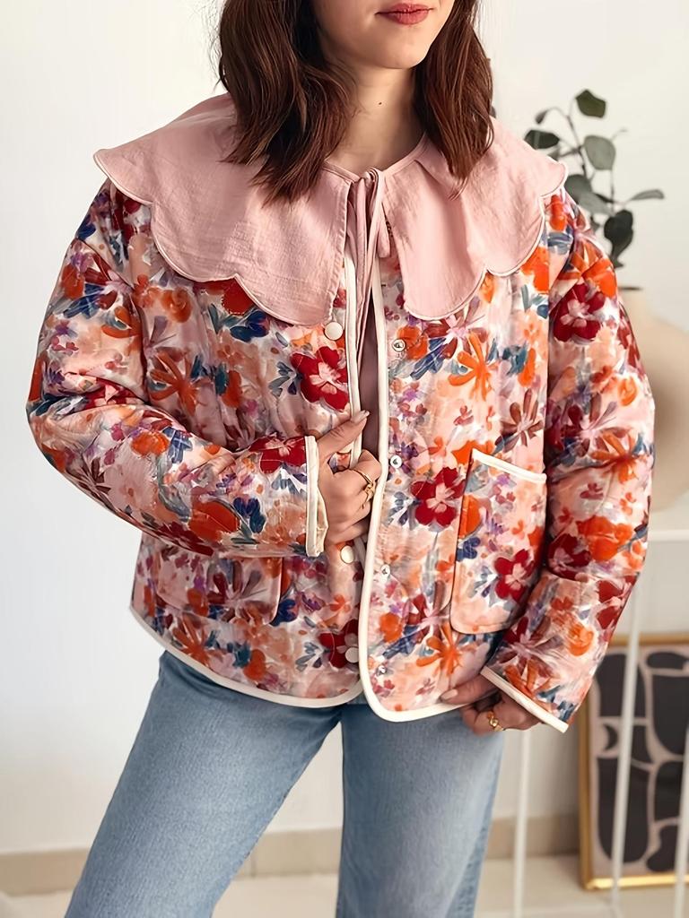 European and American Style Women's 2025 Retro Print Round Neck Single-Breasted Loose Casual Cotton Jacket with Pockets