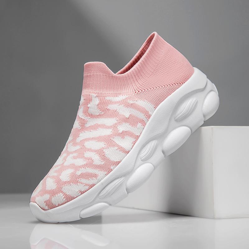 Spring New Large Size Women's Leopard Print Fly-woven Casual Sports Shoes Running Fashion Wide-headed Socks Shoes