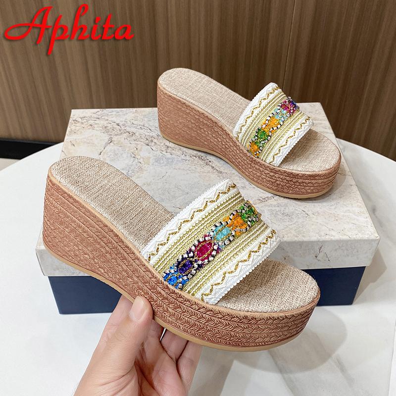 Fashion Aphixta New Embroiber Stripted 7cm High Wedge Heels Platform Slides Women Retro Plus Size 43 Slippers Outdoor Sexy Beach Shoes