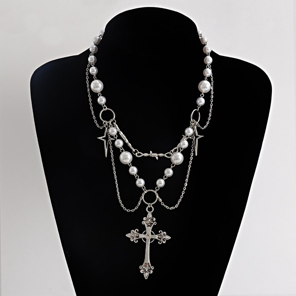 Charm Cross Rosary Necklace Handmade Double-layer Cross Pendant Choker Girl Gifts