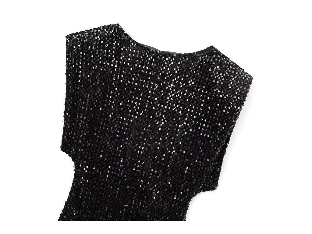 2024 Winter Black Sleeveless Mini Dress with Shoulder Pads and Sequin Embellishments