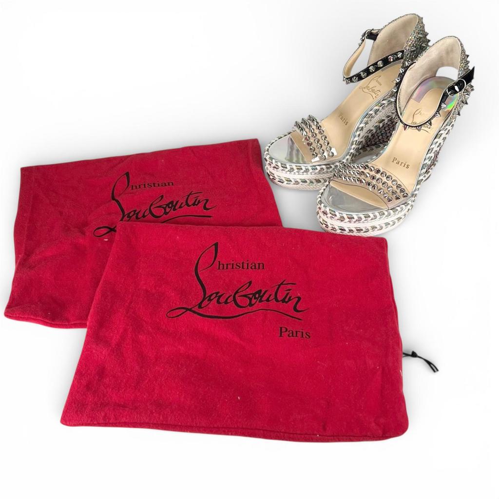 Pristine Christian Louboutin Sandals spike stud wedge sole Silver beige 35 Used