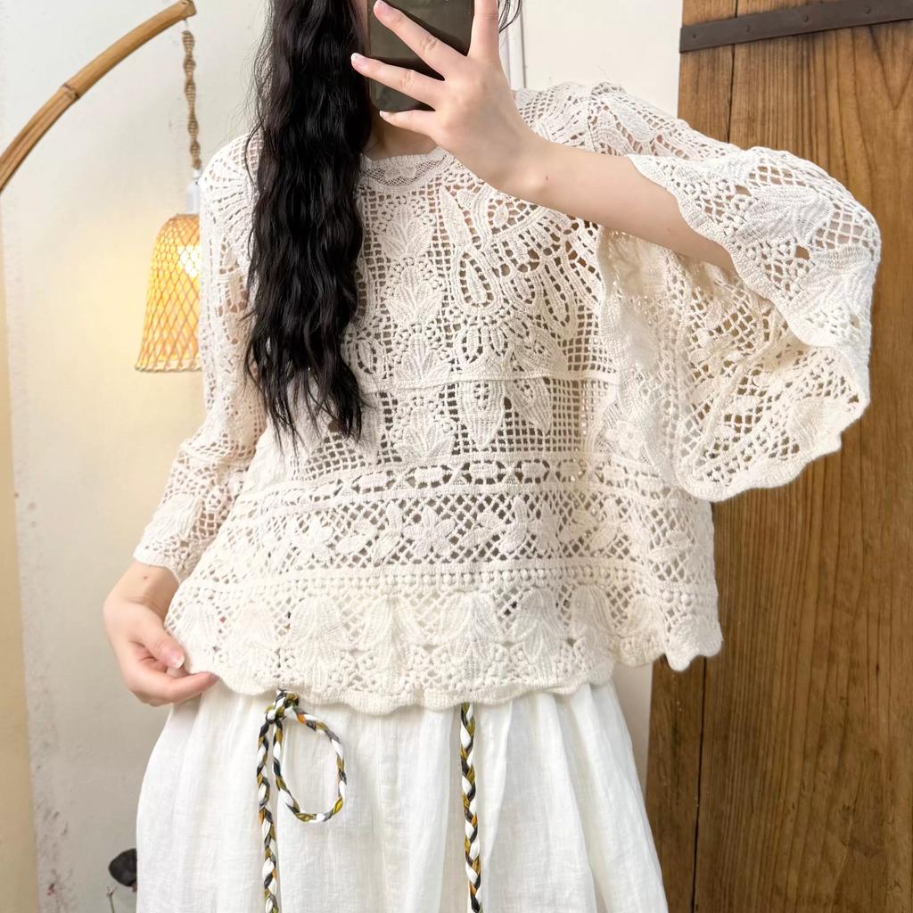DIMANAF 2025 New Summer Basic Shirt Women Lace Blouse Short Tops Tees Casual Loose White Short  Tees