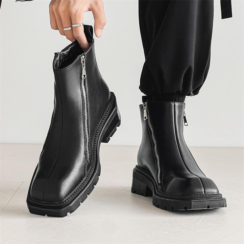 

Корейская версия ботинок «Челси» на молнии, модные ботинки «Мартин» в британском стиле на платформе с квадратным носком, мужские кожаные туфли средней высоты 4512-J 38 чёрный