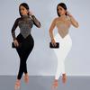 C6912 European & American Fashion Women's Solid Mesh Long Sleeve Jumpsuit