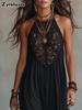 Abito Lungo Nero con Patchwork di Pizzo e Spalline Sottili Stile Vacanza Ampio Abito Maxi
