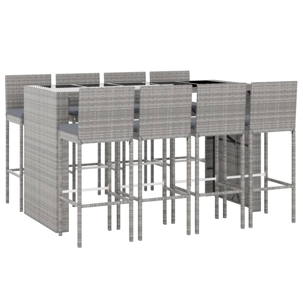 9 piece Garden Bar Set with Cushions Gray Poly Rattan