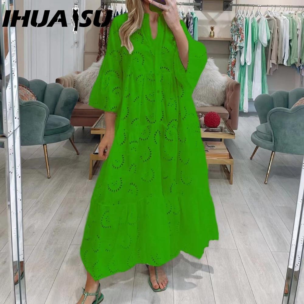 IHUASU 8 Colors S-5XL Women's Fashion Summer Spring Solid Color Print 3/4 Sleeve V-Neck Casual Dresses