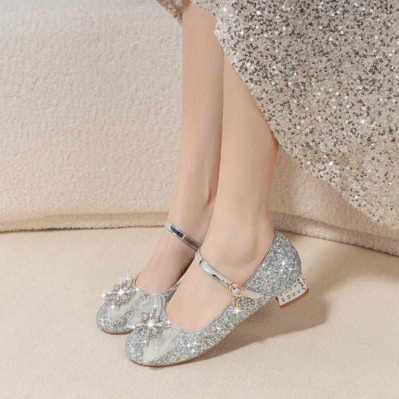 Four Seasons Girls Single Shoes Comfortable Sequins Performance Crystal Shoes Bow Princess Shoes New Soft Sole Children's Leather Shoes Women