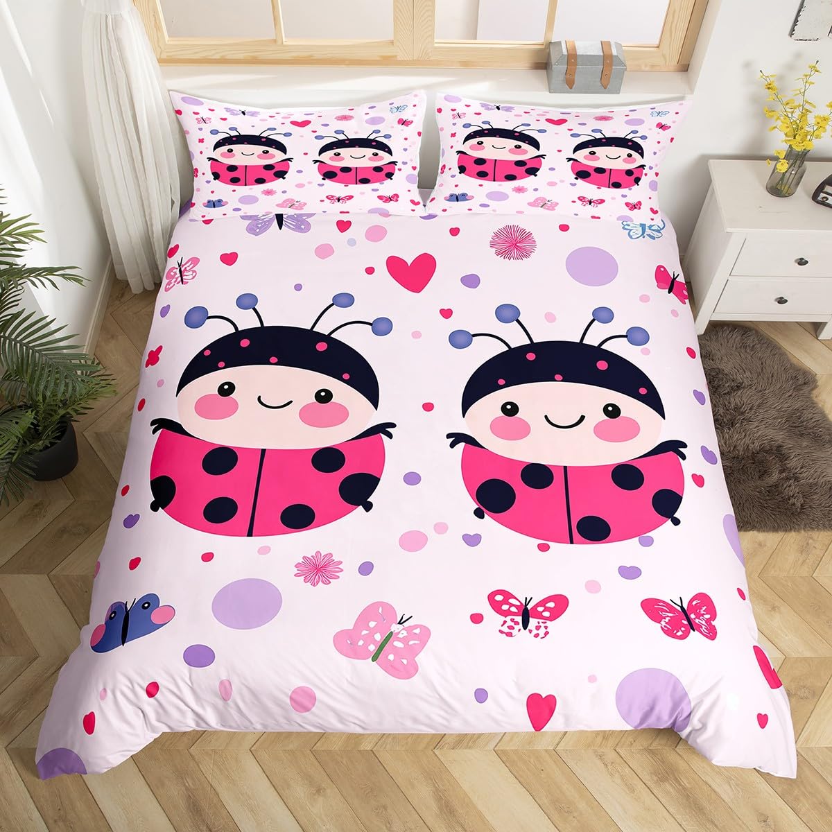 Joli Ensemble de Literie Coccinelle Taille Jumeaux Housse de Couette Dessin Animé Coccinelles pour Enfants Enfant, Couverture Couette Kawaii Faune Coccinelle Reptile EU Single(135x200cm)