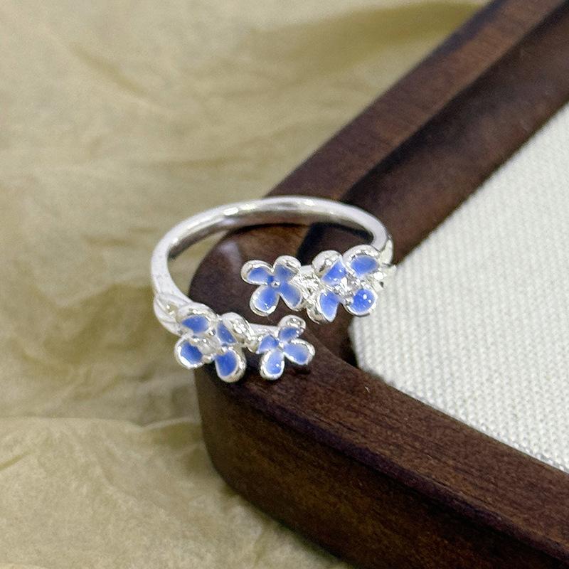 French Flower Peacock Dream Blue Enamel Dripping Oil Flower Opening Ring Women'S Exquisite Sweet And Cool High-End Ring