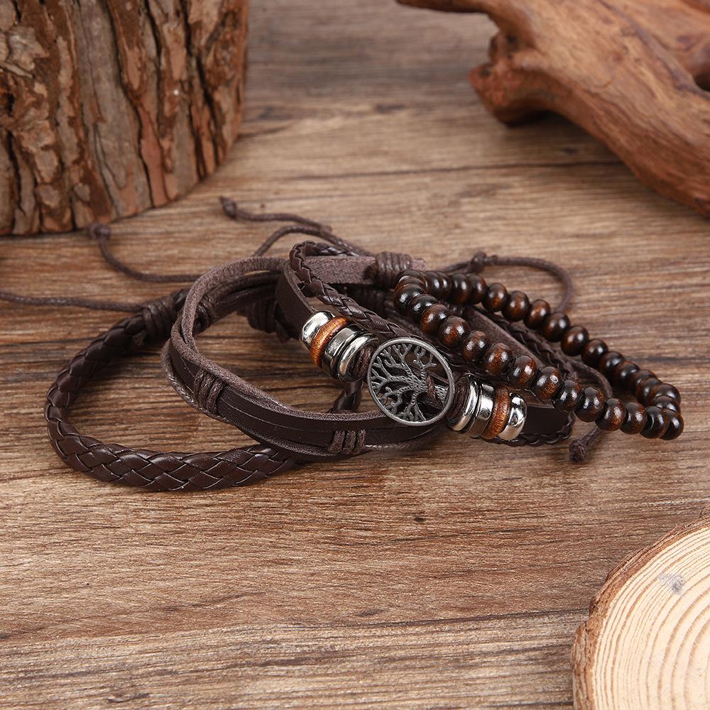Men's Retro Tree of Life Cowhide Bracelet Set: Multi-layer Distressed Leather, Woven Wood Beads, European American Punk Style