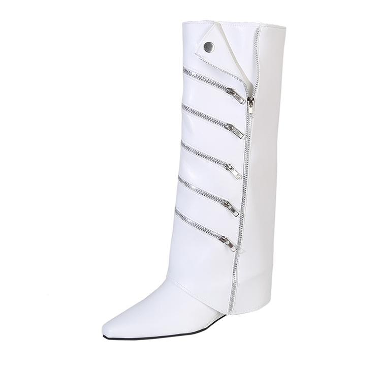 Women's Knee High Boots Fashion Pointed Toe Leather Boots Designer Zip Decorative Trouser Tube Boots for Women Knight Boot Botas