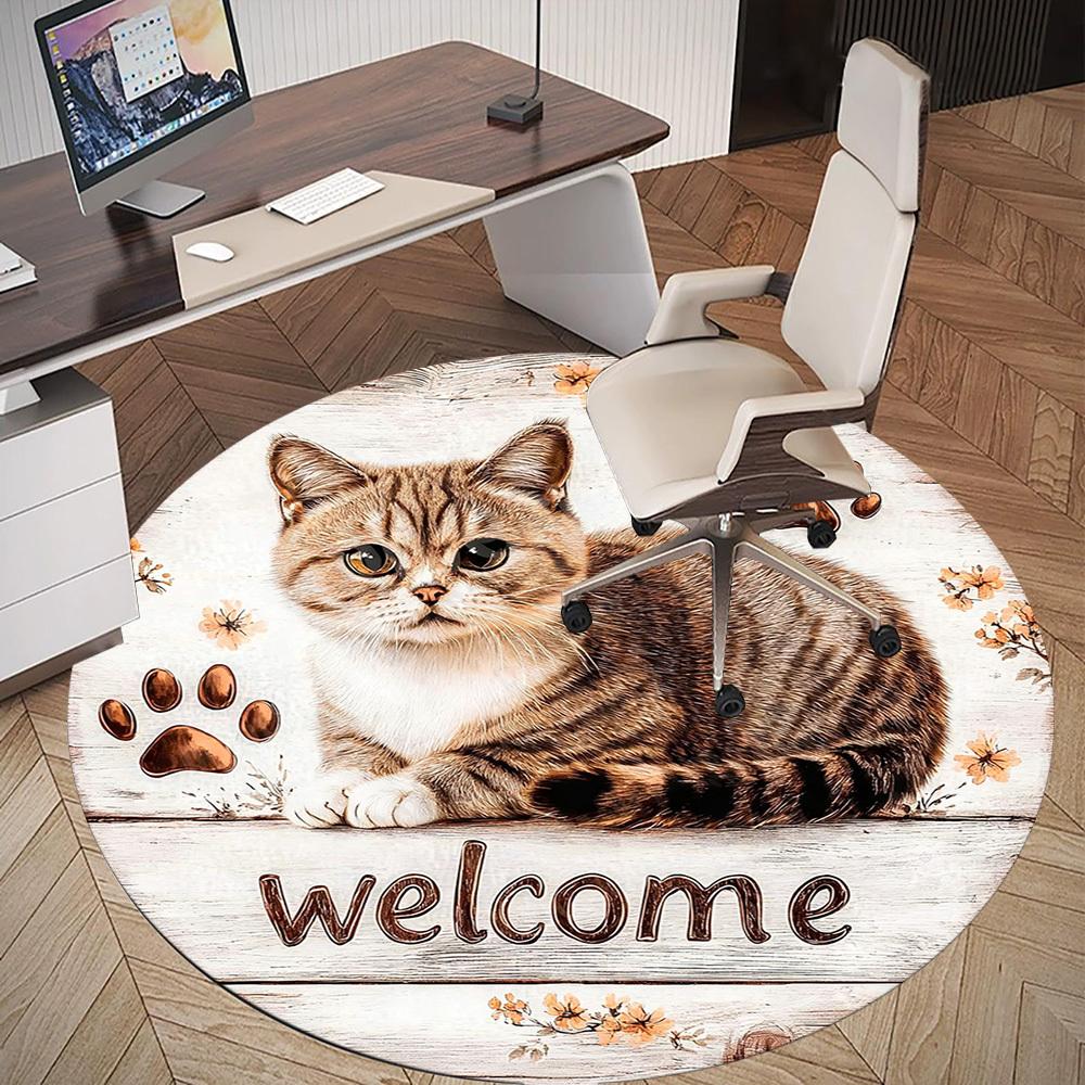 1PC cat welcome Office Round Area Rug, Under Office Chairs Bedroom Living Room Home Decor, Carpet for Office -1110111