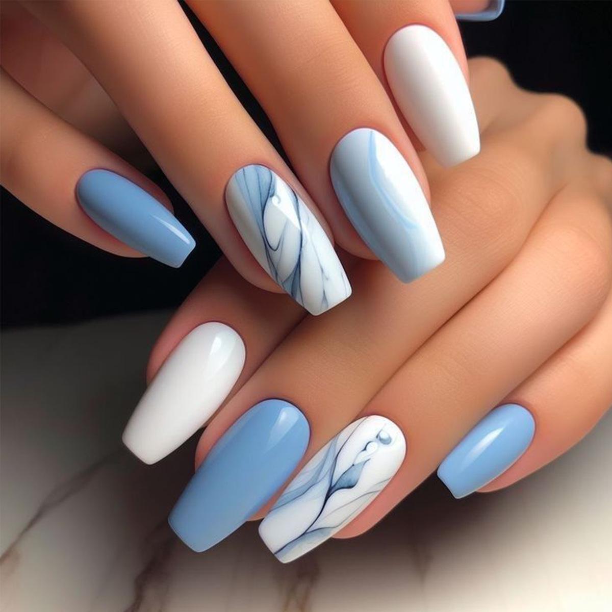 Blue & White Gradient Ballet Style Press-On Nails, 24-Pack Glue Version