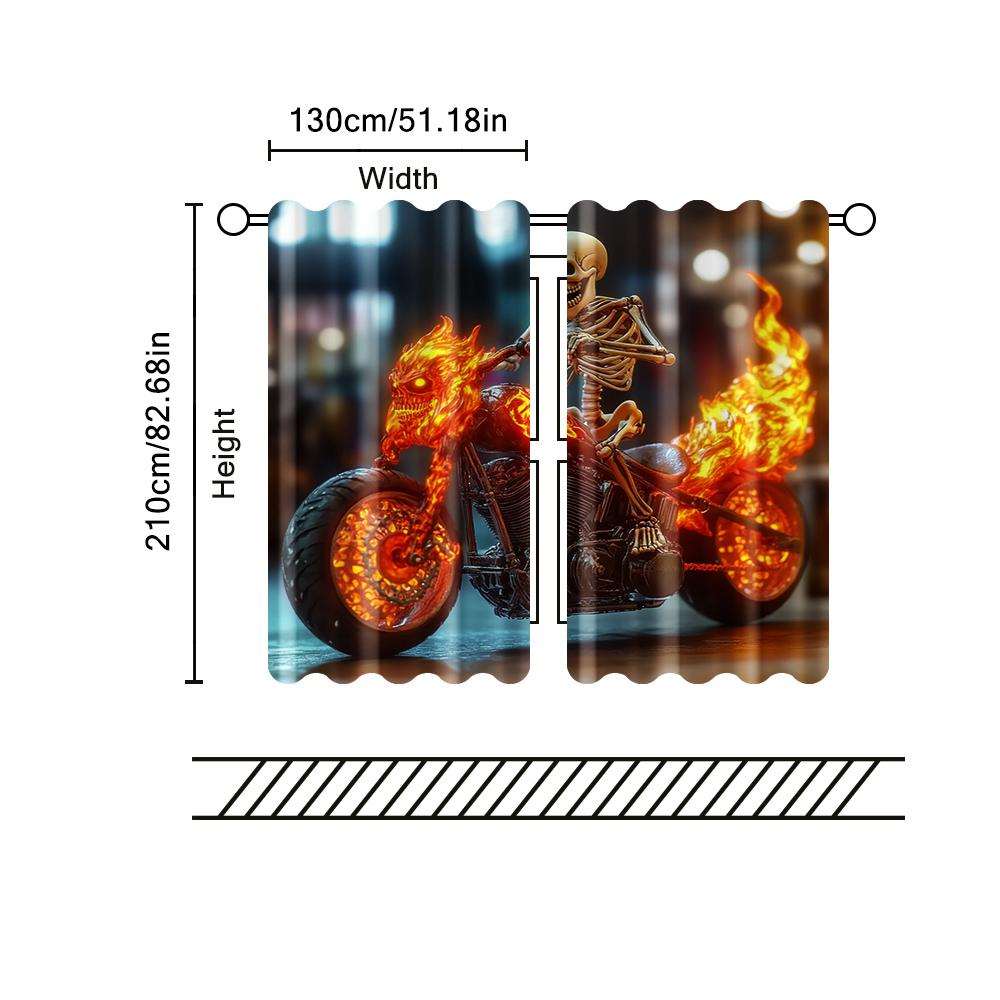 Set Of 2 Filtering Curtains Excluding Rods Non Movable Without Batteries Flame Skull Motorcycle Curtain Made Polyester