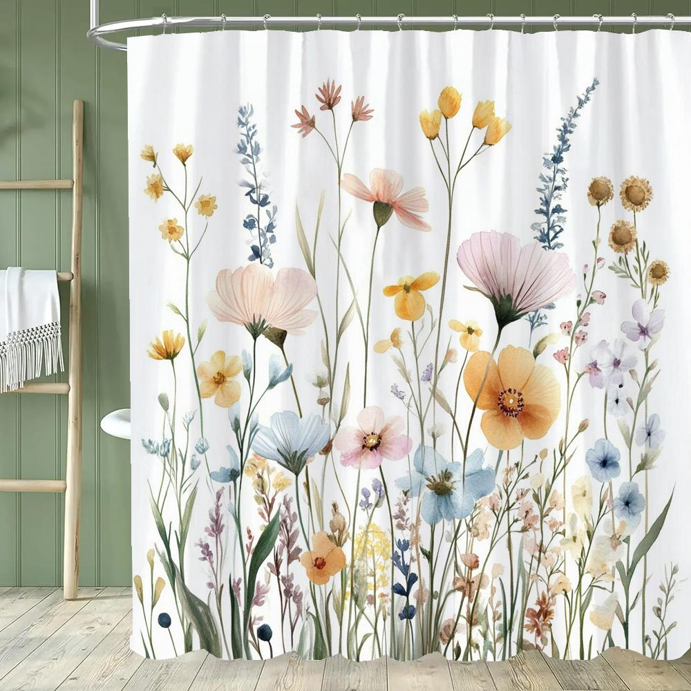 Floral Shower Curtain, Bathroom Watercolor Floral Shower Curtain, Modern Flowers Decorative Fabric Home Curtain With Hooks