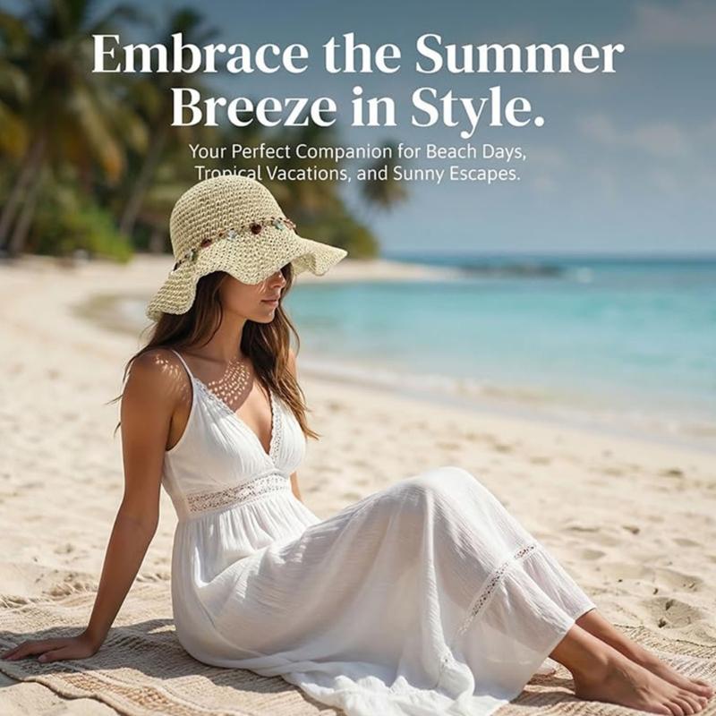 Elegant Hand Crocheted Paper Straw Sun Hat Women Breathable Wide Border Beach Hat Summer Outdoor Travel Accessory