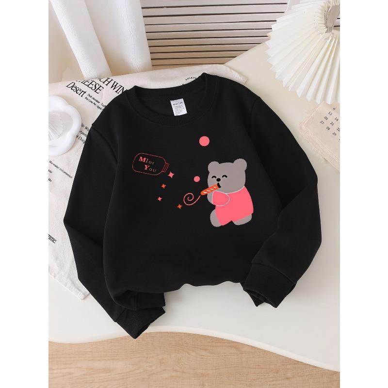 European sizes Girls' Soft Crewneck Sweatshirt, Cute Bear Blowing Whistle with Bottle & Print, Casual All-Match, Ideal Gift