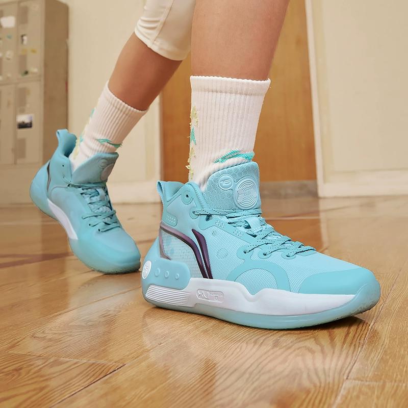 Li Ning Yu Shuai 16 Anti-Slip Shock Absorbing Durable Rebound Mid-Top Basketball Shoes Kids Basketball Shoes Ice-Blue YKBS100-3