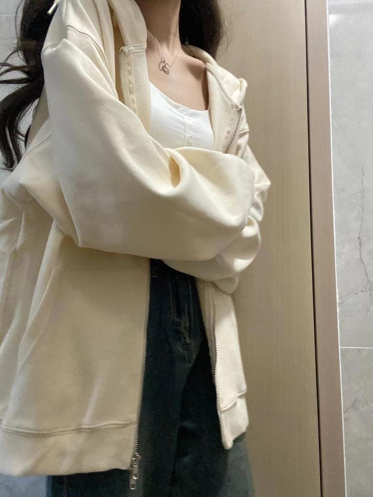 Hooded Zip Cardigan Sweatshirt Women Spring Autumn New Korean Style Loose Casual Slim Fit Lazy Style Outerwear