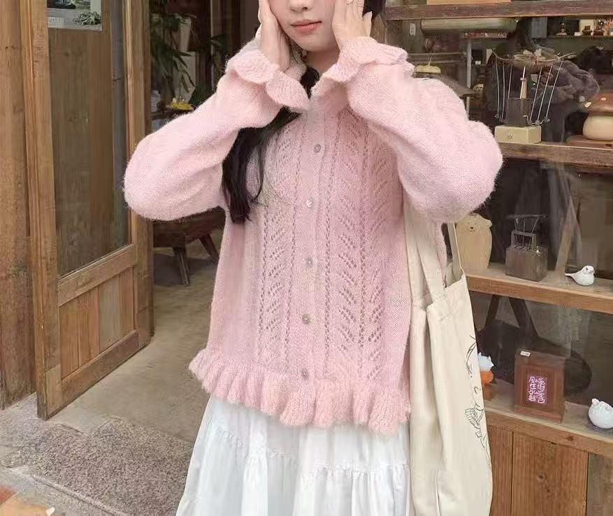 Spring 2026 Women's Gentle Hollow Knit Cardigan with Sweet Lace Hem
