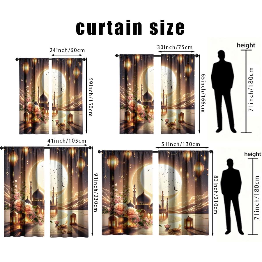 2PCS Golden Moon Mosque Flower Curtains   Islamic Lent Warm Wind   Bedroom and Living Room   Pull up Pocket Style
