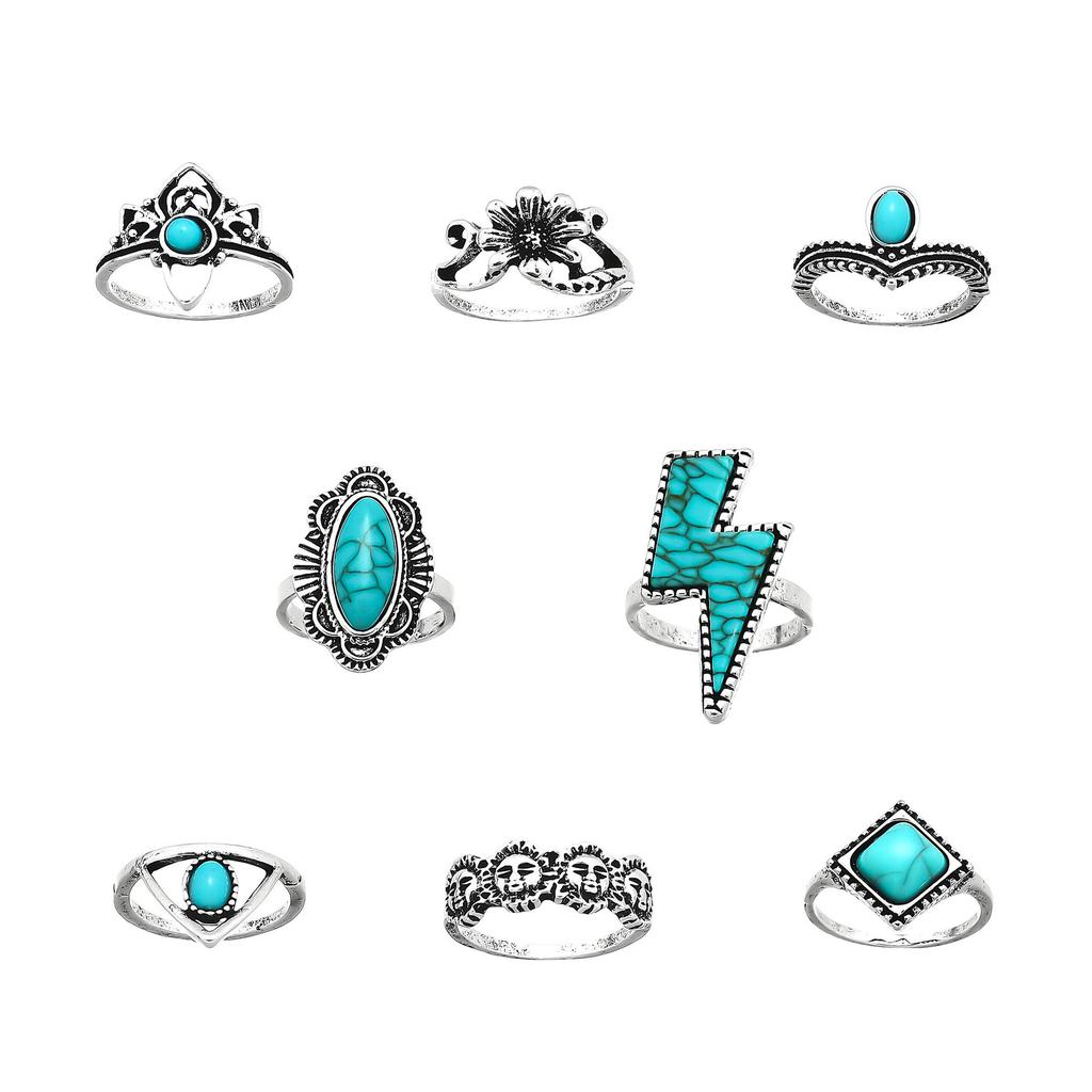 Combination Ring, Vintage Bohemian Lightning Flower Turquoise 8-Piece Set Jewelry