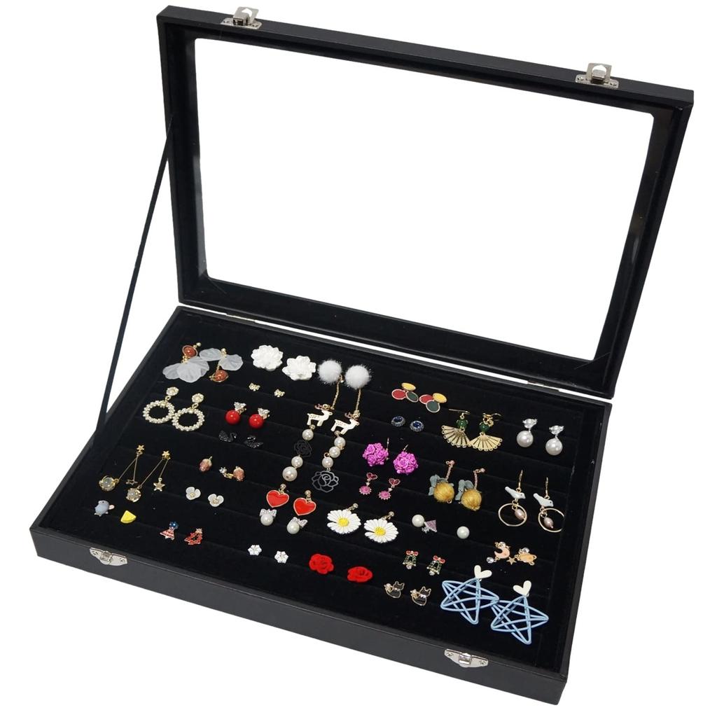 Transparent jewelry storage box for large earring sets (black, large, includes earring set)