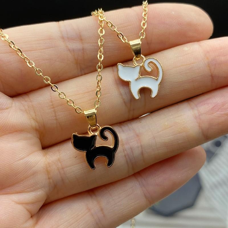 

Cute Fashion Female Animal Cat Pet Necklace Enamel White Black Cat Pendant Necklace For Women Statement Chain Choker Zircon
