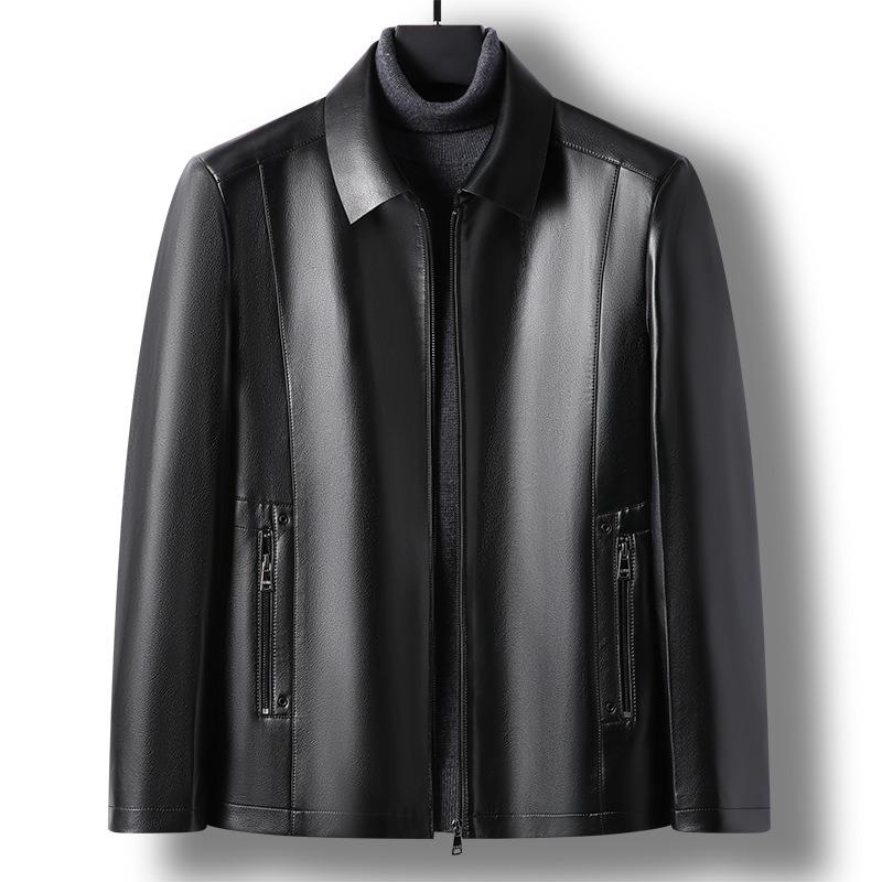 Autumn Genuine Leather Jacket for Men, Slim Short Lapel Leather Jacket, Middle-aged and Elderly Men's Genuine Leather Jacket for Dad