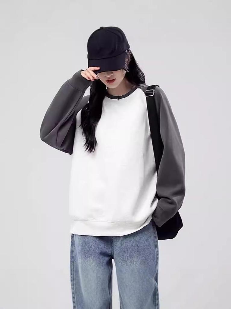 Women's Color Block Raglan Sweatshirt - Thin Long Sleeve, Round Neck, Drop Shoulder, Loose Fit for Autumn/Winter 2024