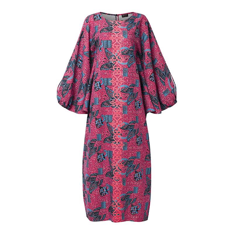

L-5XL Women O Neck Batwing Long Sleeve Floral Print Casual Loose Maxi Kaftan Dress 5XL темно-рожевого кольору