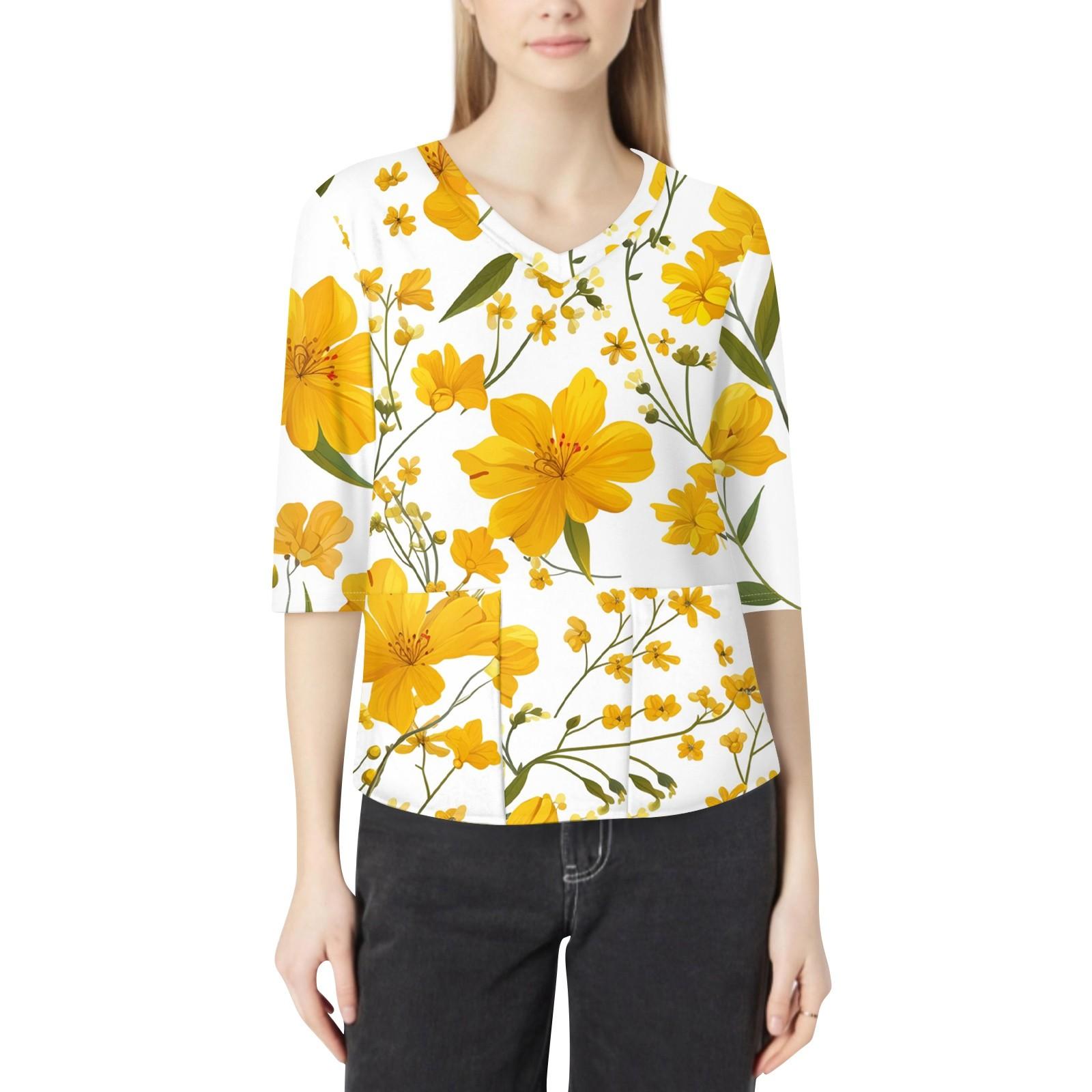 

Модная женская рабочая одежда с v-образным вырезом и рукавами 3/4, свободные топы с карманами и принтом XL жёлтый